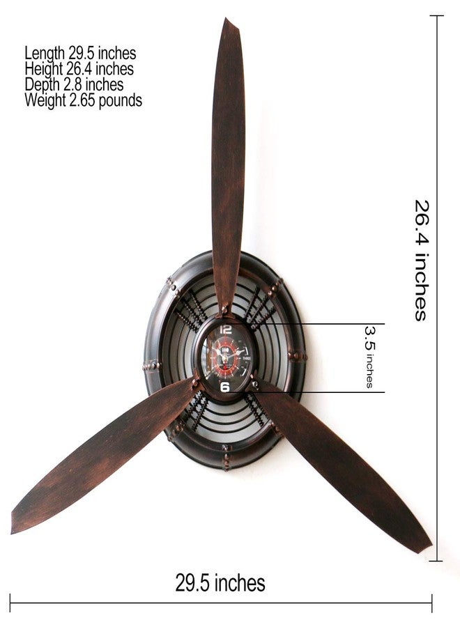 AOROTOE Metal Wall Decor Art Antique Airplane Propeller Aviation Wall Clock for Living Room Bedroom Rustic Wall Sculptures Brown 29.5×26.4 inches - Image 3