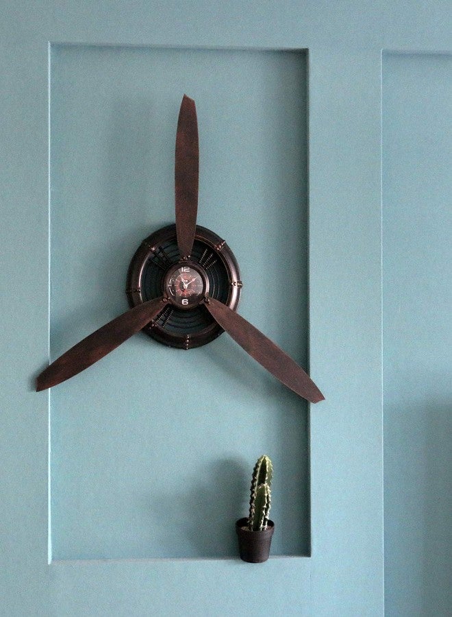 AOROTOE Metal Wall Decor Art Antique Airplane Propeller Aviation Wall Clock for Living Room Bedroom Rustic Wall Sculptures Brown 29.5×26.4 inches - Image 2