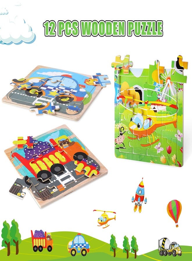 SANNIX 12 Pack Wooden Jigsaw Puzzles for Toddlers 3 4 5 Years Old, Party Favors Transportation Jigsaw for Kids, Educational Puzzles Travel Toy with 12 Organize Bags - Image 5