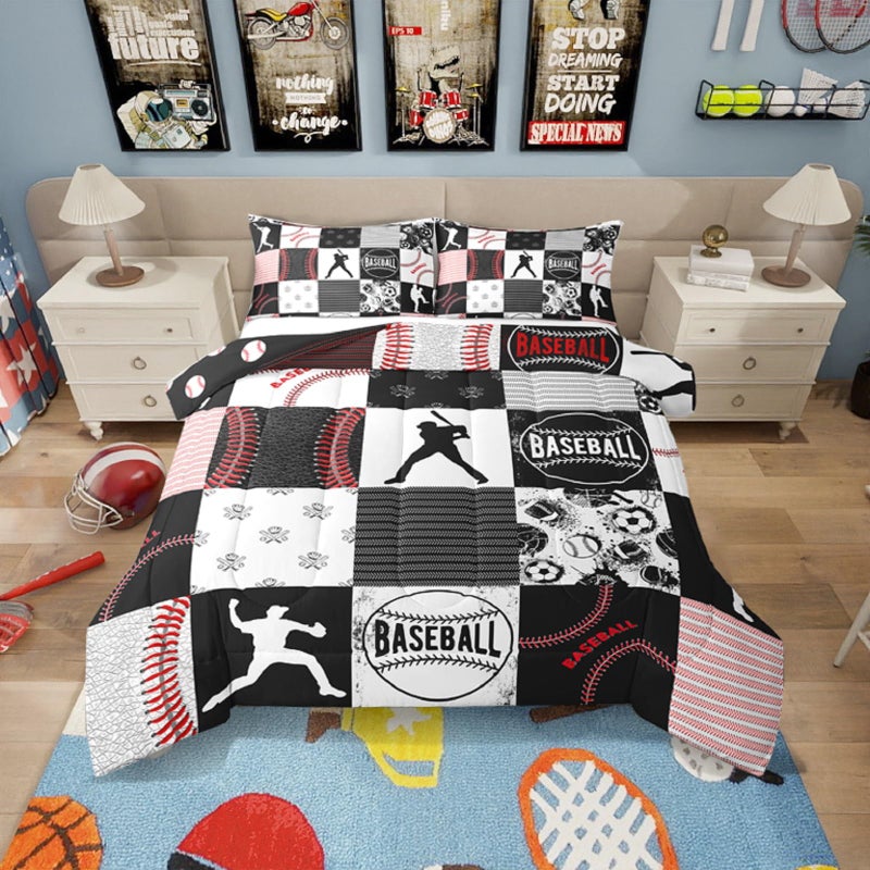 Erosebridal Erosebridal Kids Baseball Comforter Set Softball Bedding Set Sports Game Quilted Comforter for Boys Patchwork Down Comforter for Baseaball Player Gift Red Black Gray Queen Size 