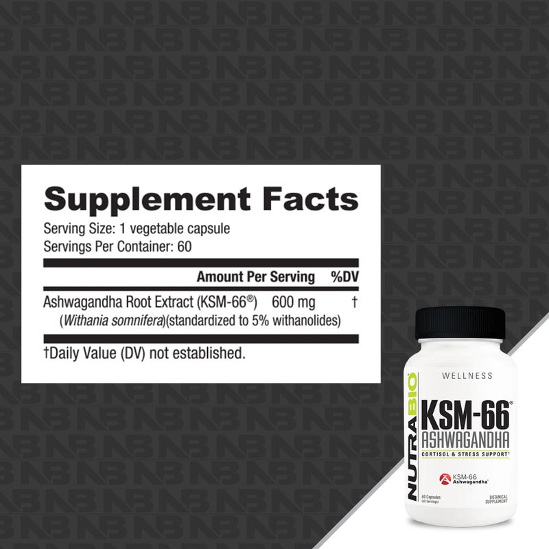 NutraBio مكمل عشبي نوترا بايو أشواغاندا KSM-66 لصحة عامة أفضل - مكمل أشواغاندا - 600 ملغ - 60 كبسولة نباتية - Image 4