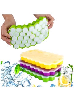 VIUAUAX 3-Piece Silicone Ice Cube Tray Multicolour, Honeycomb Reusable Ice Cubes Tray,  Silicone Small Ice Cube Tray with Cover, Honeycomb Ice Ball Mold, Honeycomb Mold for Ice Making  Yellow, Green and Purple  - Image 1