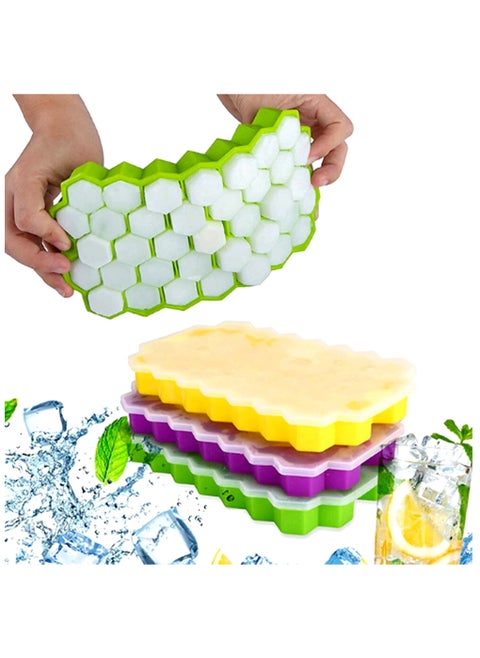 3-Piece Silicone Ice Cube Tray Multicolour, Honeycomb Reusable Ice Cubes Tray,  Silicone Small Ice Cube Tray with Cover, Honeycomb Ice Ball Mold, Honeycomb Mold for Ice Making  Yellow, Green and Purple
