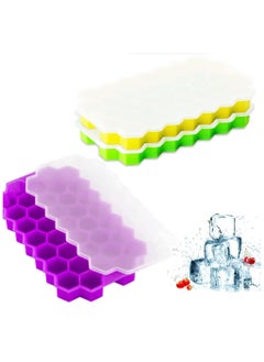 VIUAUAX 3-Piece Silicone Ice Cube Tray Multicolour, Honeycomb Reusable Ice Cubes Tray,  Silicone Small Ice Cube Tray with Cover, Honeycomb Ice Ball Mold, Honeycomb Mold for Ice Making  Yellow, Green and Purple  - Image 2