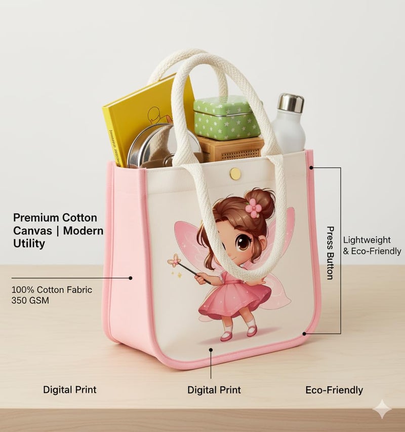 HOBBY INDIA Kids Lunch Bag | Cute & Stylish Mini Tiffin Bag for Boys & Girls | Cute Cotton Cartoon Design I Perfect For Picnic Tuition School, Preschool & Playschool (Fairy) - Image 4
