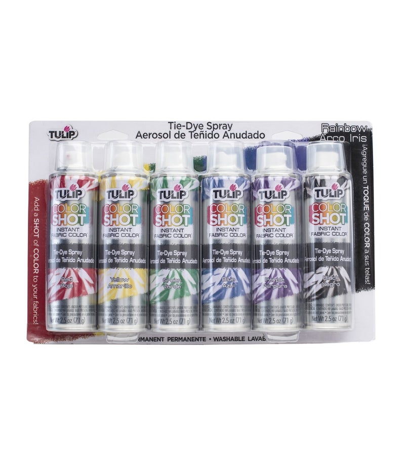 Tulip ColorShot Instant Tie Dye Fabric Spray Paint, Permanent Color Spray-On Fabric Paint Mini-Cans, 2.5 oz Rainbow 6 Pack, Red, Yellow, Green, Blue, Purple, Black - Image 1