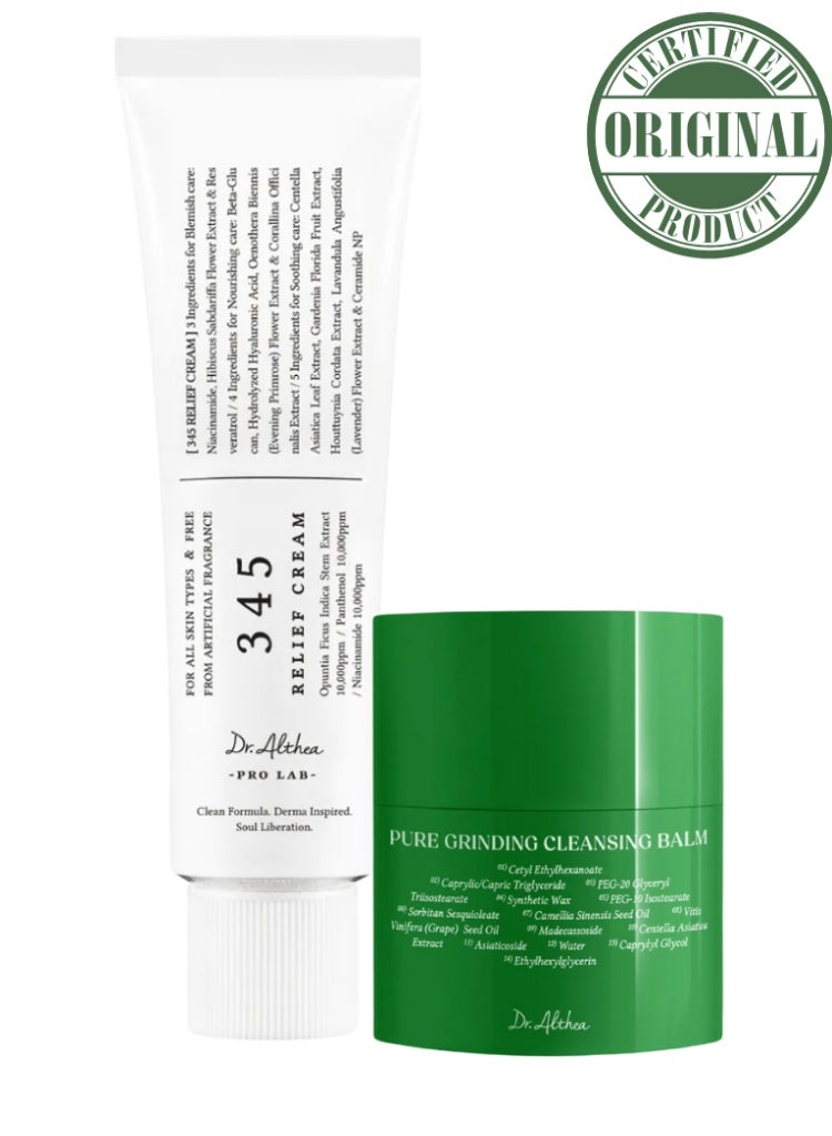 Dr.althea Irritated, Sensitive Skin & Clogged Pores Solution – Dr. Althea 345 Relief Cream & Pure Grinding Cleansing Balm Soothing Barrier + Deep Cleansing Set - Image 1