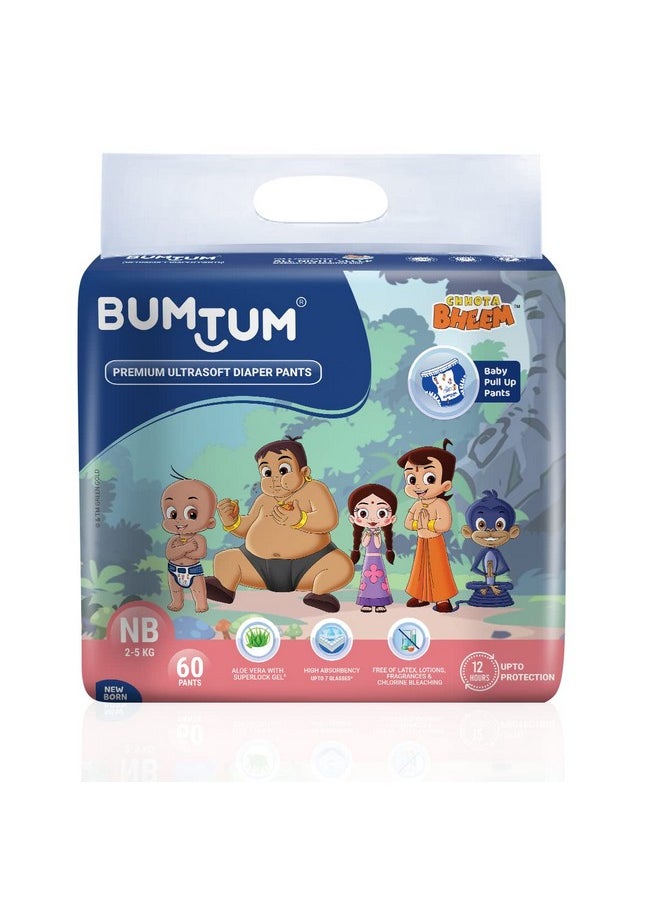 Bumtum Bumtum Chota Bheem New Born Baby Diaper Pants, 60 Count, Leakage Protection Infused With Aloe Vera, Cottony Soft High Absorb Technology (Pack of 1)  - Image 1