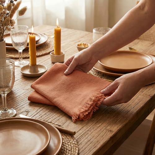 ACCENTHOME Rust Cotton Linen Napkin Set of 12 18x18 inch Dinner Napkins Washable Soft Premium Hotel Quality Reusable Hemmed Edges Napkins Perfect Table Linens for Family Dinners Weddings - Image 3