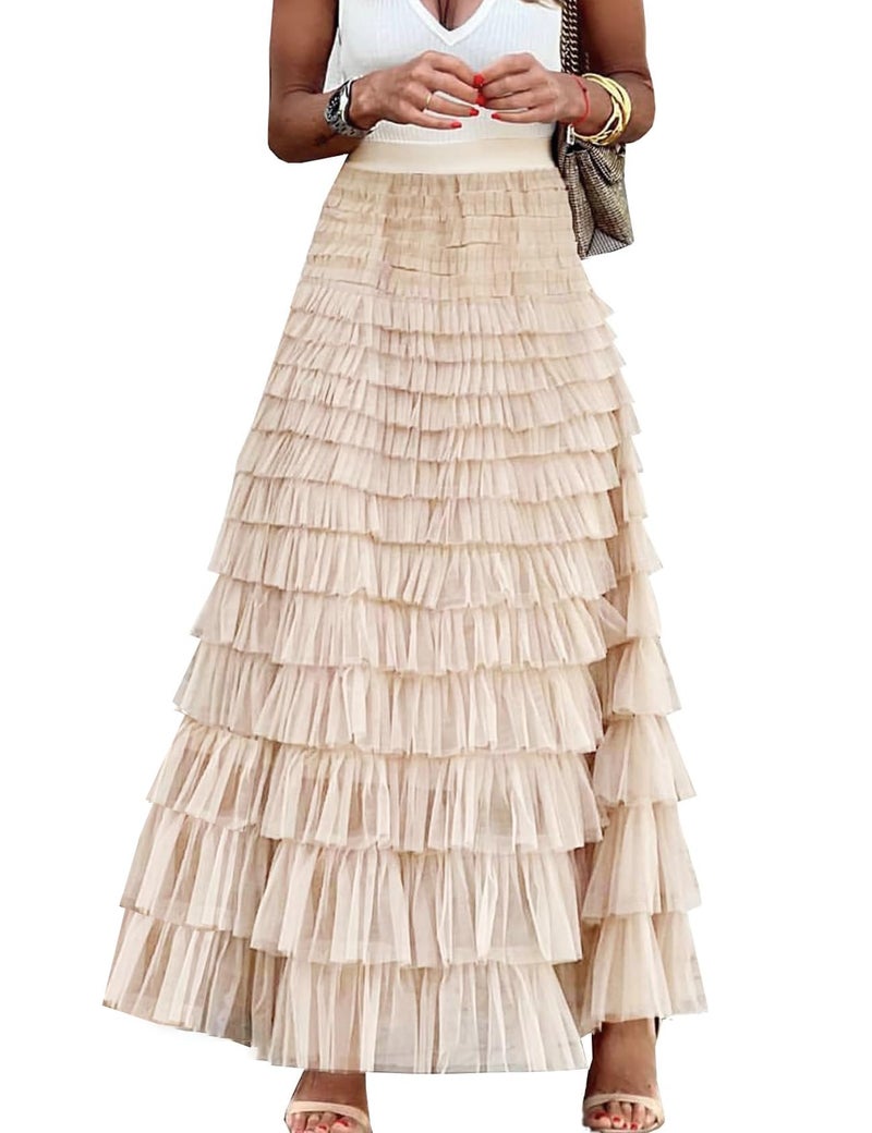 Flygo Women's Long Maxi Tulle Skirts A Line Ruffle High Waisted Tiered Layered Mesh Tutu Skirt Petticoat(Apricot-L) - Image 1