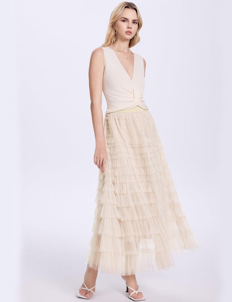 Flygo Women's Long Maxi Tulle Skirts A Line Ruffle High Waisted Tiered Layered Mesh Tutu Skirt Petticoat(Apricot-L) - Image 5