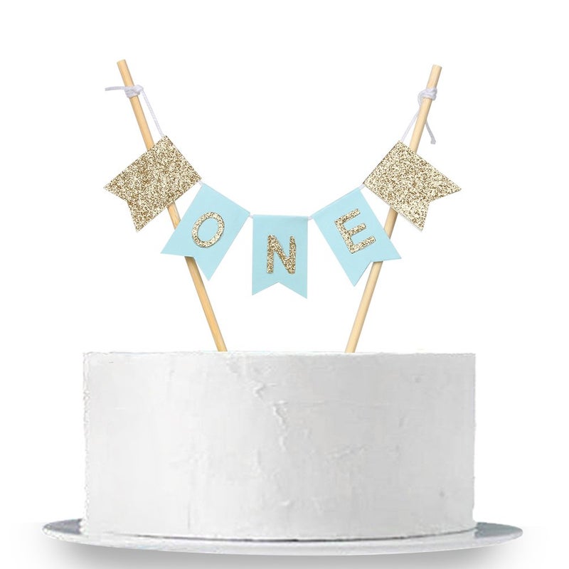INNORU Handmade ONE Birthday Cake Topper Baby Shower 1st First Birthday Cake Bunting for Baby Boy Party Supplies - Image 2