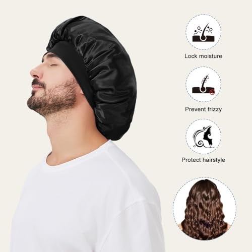 Supaze 2 PCS Satin Silk Bonnet for Men Women, Hair Bonnet for Sleeping Men with Elastic Band, Large Silk Bonnet for Men Women Curly Hair Braids (Black+Blue) - Image 4