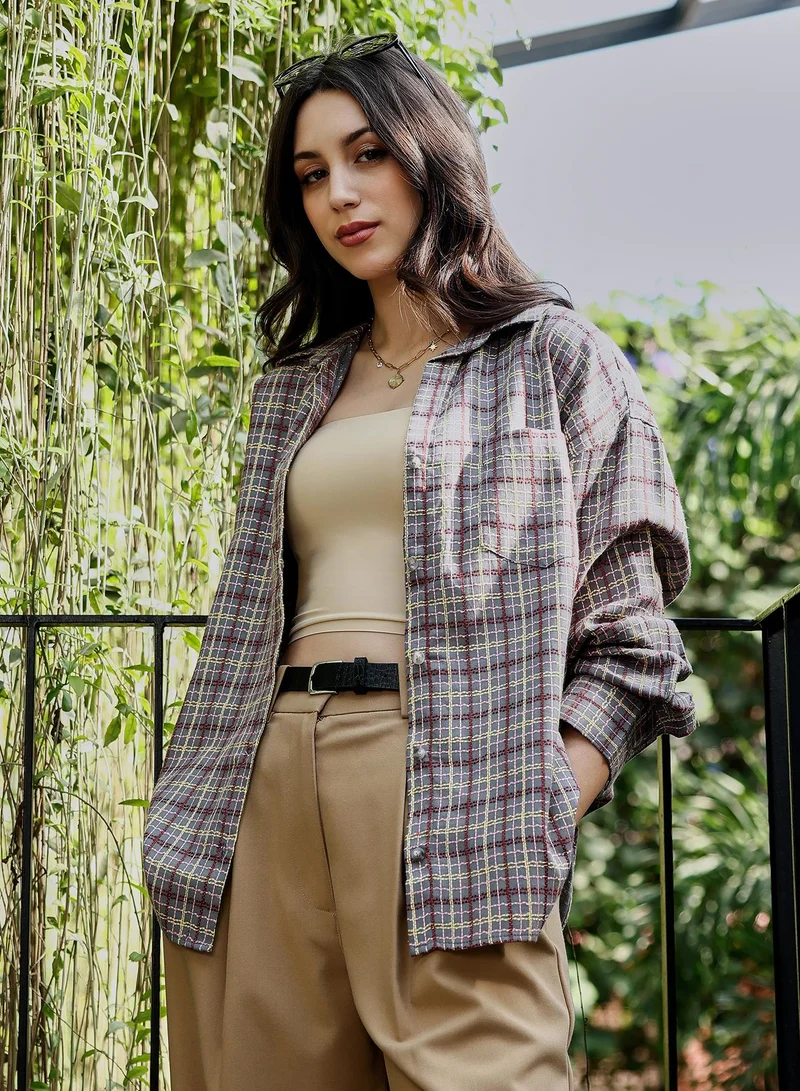 Women's Coin Grey:Crimson Red Woven Contrast-Check Oversized Shirt