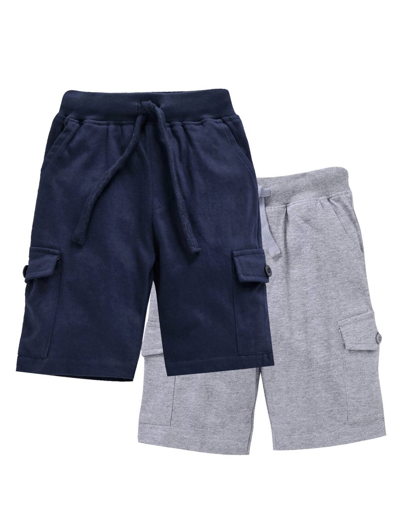 KiddoPanti Boy's Solid Knit Cargo Shorts Pack of 2|100% Cotton Single Jersey Knit|Drawstring Closure, Rib Waistband, 2 Front & 2 Cargo Pockets | Casual Half Pant, Grey Melange & Navy - 8-10Y - Image 1