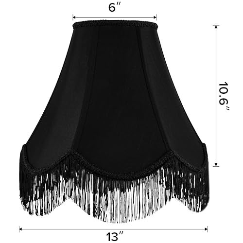 GO&SO Black Silk Bell Lamp Shades Set of 2 -Petal Edge Braid with Black Fringe Trim, 6"x13"x10.6"(Spider), Classic Scalloped Lamp Shade, Replacement Lampshades for Table, Floor Lamps, Easy Assembly - Image 2