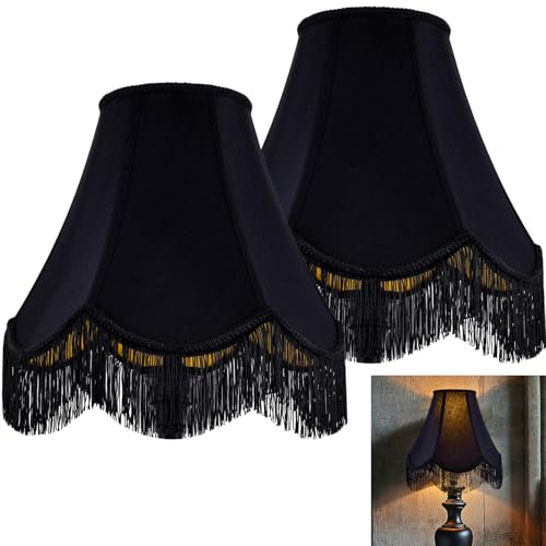 GO&SO Black Silk Bell Lamp Shades Set of 2 -Petal Edge Braid with Black Fringe Trim, 6"x13"x10.6"(Spider), Classic Scalloped Lamp Shade, Replacement Lampshades for Table, Floor Lamps, Easy Assembly - Image 1