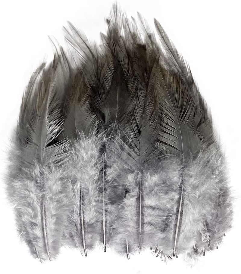 HAPPY FEATHER 100PCS Saddle Hackle Rooster Feather for Crafts, 5-7 inch Natural Pheasant Neck Feathers DIY Pendant Earrings Dream Catcher-Gray - Image 1