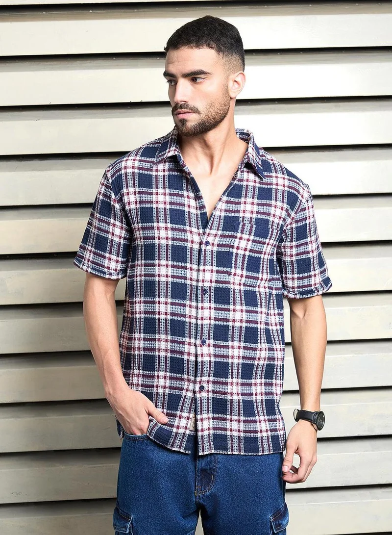 هاي ستار Men's Multicolour Cotton Blend Checkered Button Down Relaxed Shirt