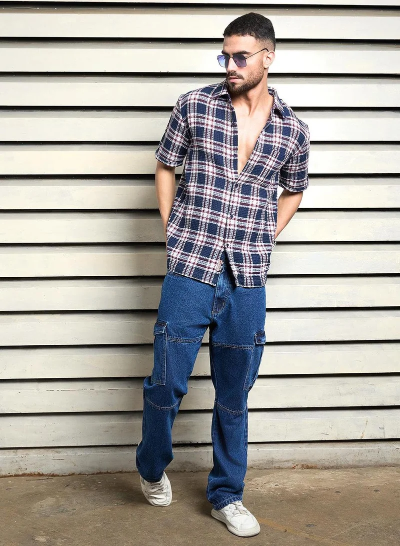 HIGH STAR Men's Multicolour Cotton Blend Checkered Button Down Relaxed Shirt