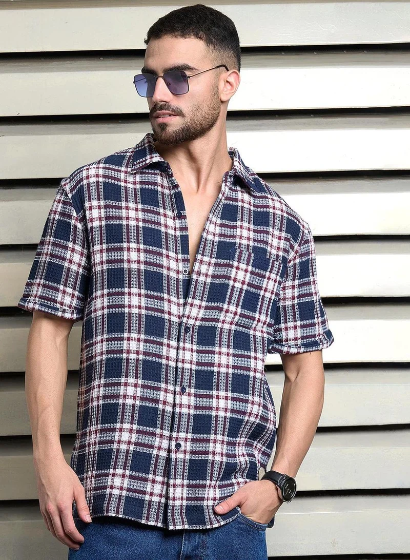 هاي ستار Men's Multicolour Cotton Blend Checkered Button Down Relaxed Shirt