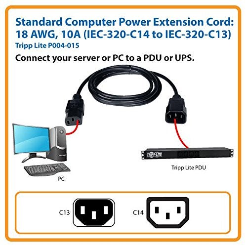Tripp Lite Standard Computer Power Extension Cord 10A, 18AWG (IEC-320-C14 to IEC-320-C13) 15-ft.(P004-015) Black - Image 3
