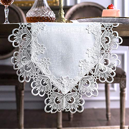 ARTABLE Rectangle Fabric Lace Table Runner Table Runners with Exquisite Macrame Embroidery for Bridal Shower Wedding Party Decorations Long Dinner Tables White Table Runner 16 x 84