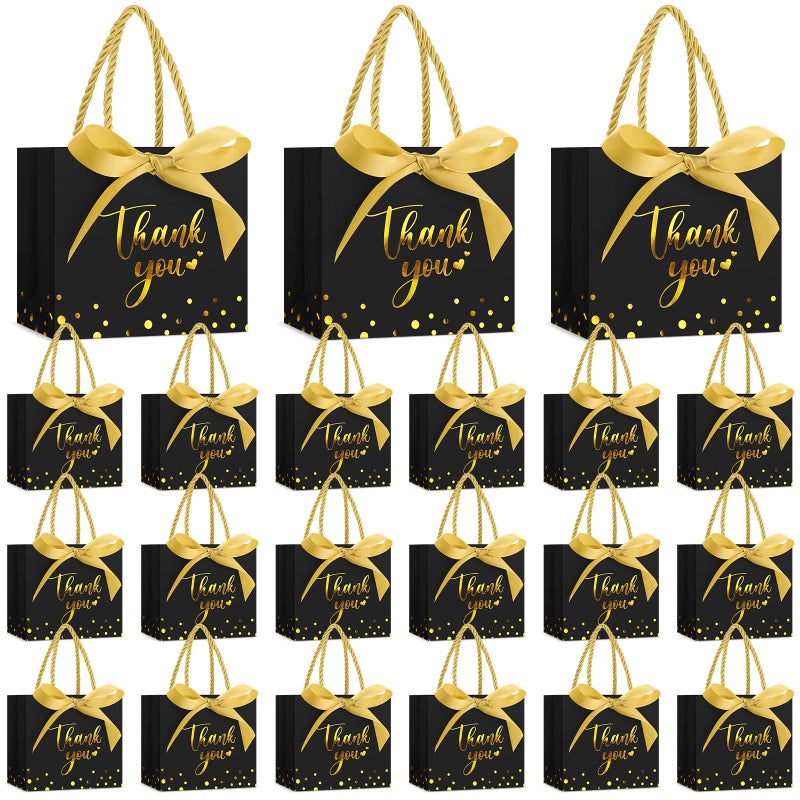 Jetec 45 Pcs Mini Paper Gift Bag Bulk 55 x 47 x 25 Small Thank You Favor Bag with Handle Bow Ribbon for Halloween Thanksgiving Wedding Baby Bridal Shower Birthday PartyBlackgold