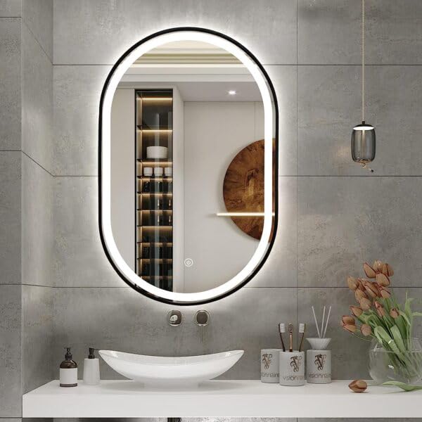 Quality Glass Bathroom LED Mirror with Touch Sensor, 3 Light Effects, Glass, Oval LED-29 (16 x 24 Inch) - Image 1