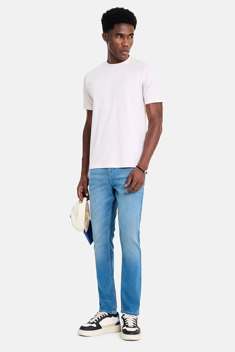 سنيتش Peach Solid Half Sleeve Slim Fit Casual T-Shirt