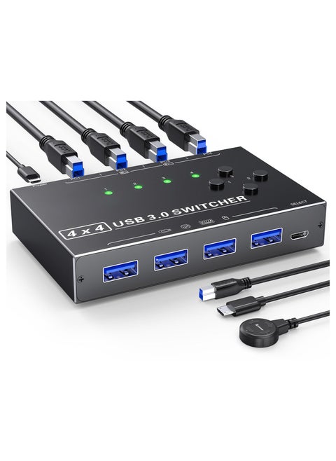 USB 3.0 Switch 4 Computers, 4 Port USB Switch Selector for 4 Computer Share 4 USB Devices, Keyboard Mouse Switch with USB Cables, USB Switcher with Wired Remote and 4 Standard USB-B Cables