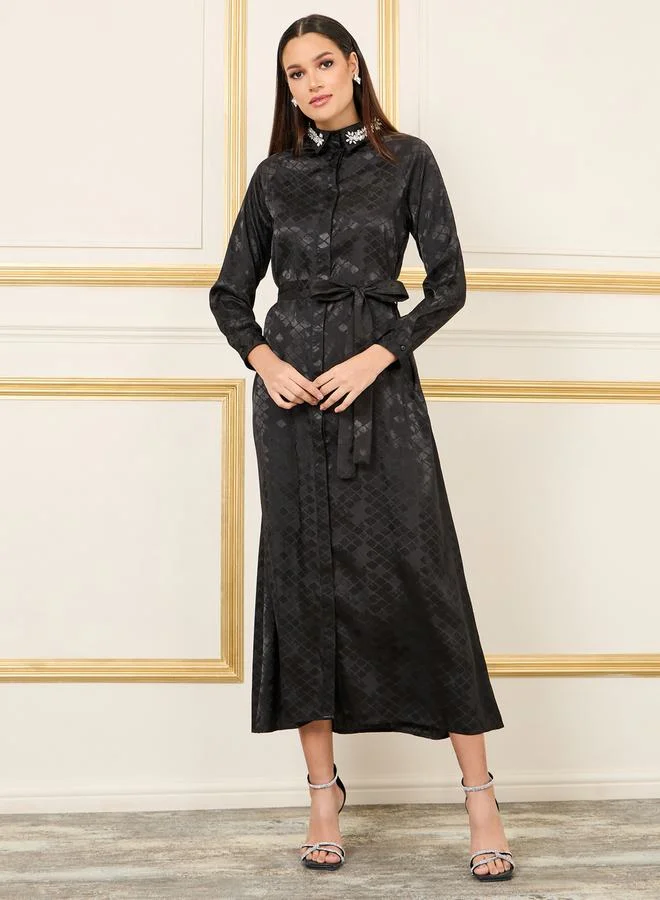 ستايلي Jacquard Print Embellished Collared Shirt Midi Dress
