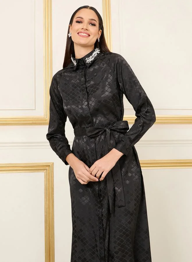 ستايلي Jacquard Print Embellished Collared Shirt Midi Dress
