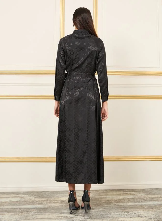 ستايلي Jacquard Print Embellished Collared Shirt Midi Dress
