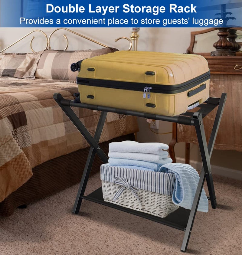 Queension Folding Luggage Rack Stand with Shelf for Guest Room, Foldable Metal Suitcase Storage Caddy Holder for Bedroom Hotel Essentials, Black, 1pack - Image 5