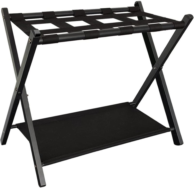Queension Folding Luggage Rack Stand with Shelf for Guest Room, Foldable Metal Suitcase Storage Caddy Holder for Bedroom Hotel Essentials, Black, 1pack - Image 1