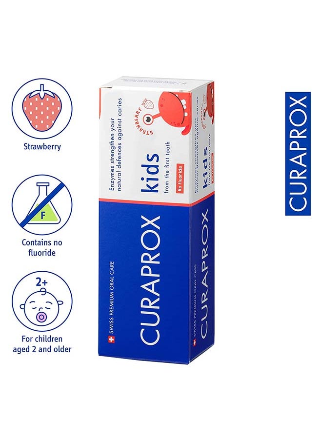CURAPROX - معجون أسنان Curaprox للأطفال CS للأطفال بالفراولة، خالي من الفلورايد، 60 مل - معجون أسنان خالي من الفلورايد بالفراولة للأطفال بعمر سنتين فما فوق - خالٍ من SLS، خالٍ من البلاستيك الدقيق ومعجون أسنان للأطفال خالٍ من التريكلوسان. - Image 1