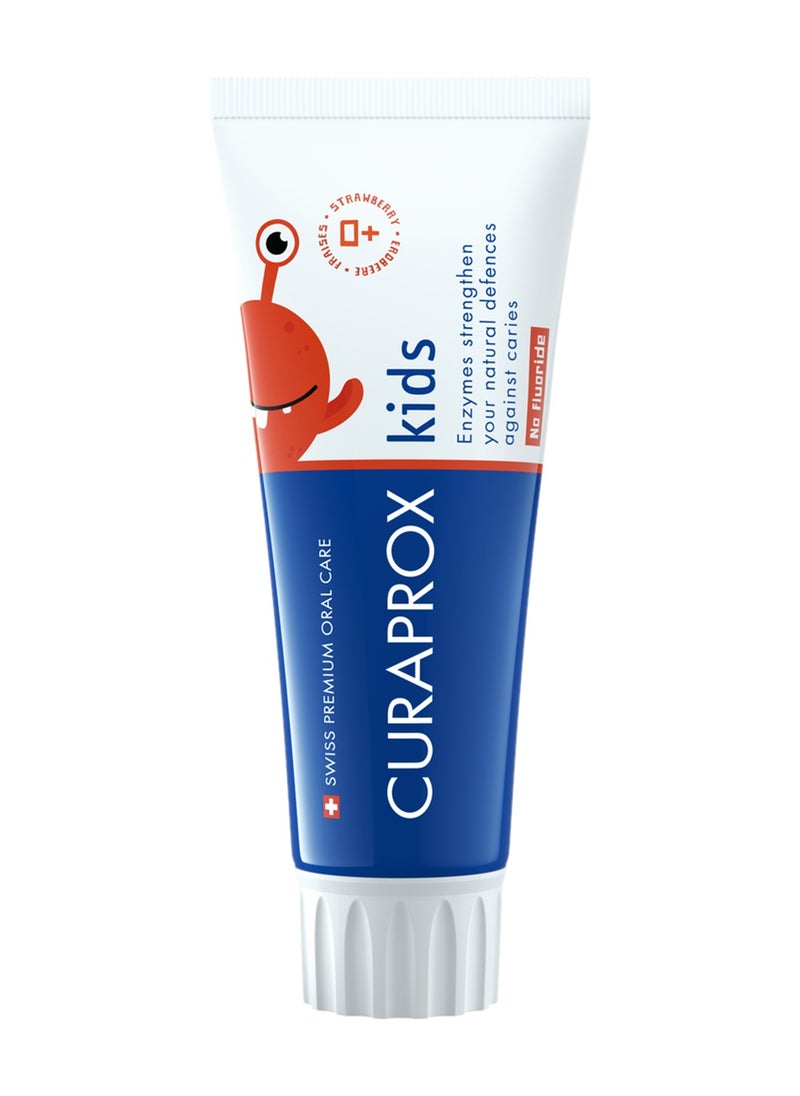 CURAPROX - معجون أسنان Curaprox للأطفال CS للأطفال بالفراولة، خالي من الفلورايد، 60 مل - معجون أسنان خالي من الفلورايد بالفراولة للأطفال بعمر سنتين فما فوق - خالٍ من SLS، خالٍ من البلاستيك الدقيق ومعجون أسنان للأطفال خالٍ من التريكلوسان. - Image 1
