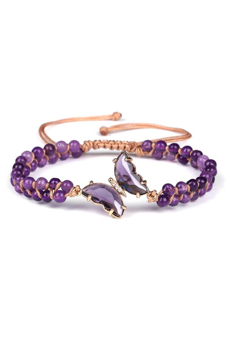 Excefore Crystal Butterfly Bracelet, Healing Butterfly Bracelets for Women, Double Braided Crystal Beads Chain, Adjustable Artificial Crystal Butterfly Bracelet, Delicate Sweater Bracelet, Purple - Image 1