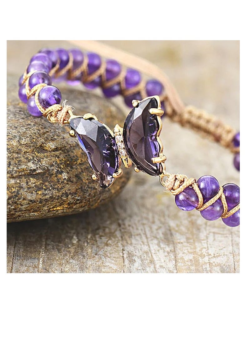 Excefore Crystal Butterfly Bracelet, Healing Butterfly Bracelets for Women, Double Braided Crystal Beads Chain, Adjustable Artificial Crystal Butterfly Bracelet, Delicate Sweater Bracelet, Purple - Image 4