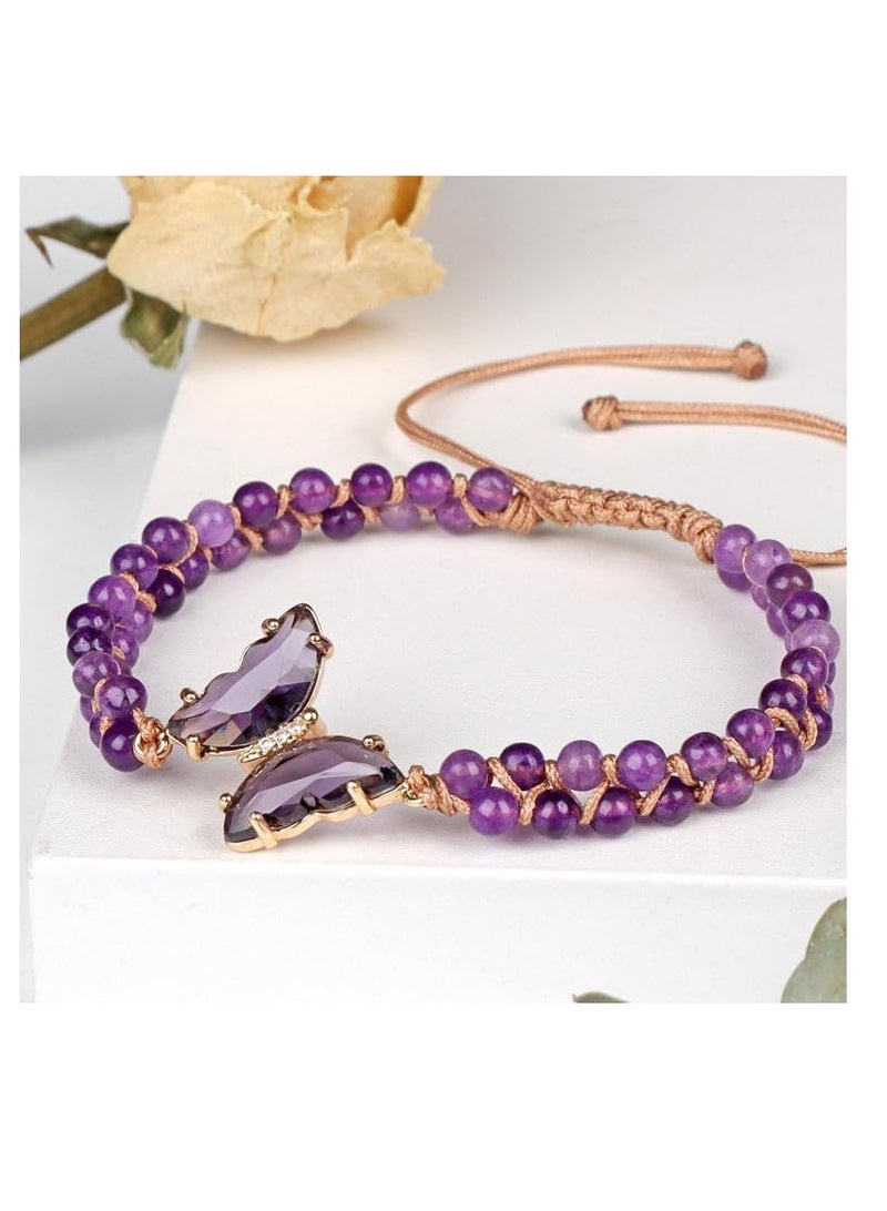 Excefore Crystal Butterfly Bracelet, Healing Butterfly Bracelets for Women, Double Braided Crystal Beads Chain, Adjustable Artificial Crystal Butterfly Bracelet, Delicate Sweater Bracelet, Purple - Image 2
