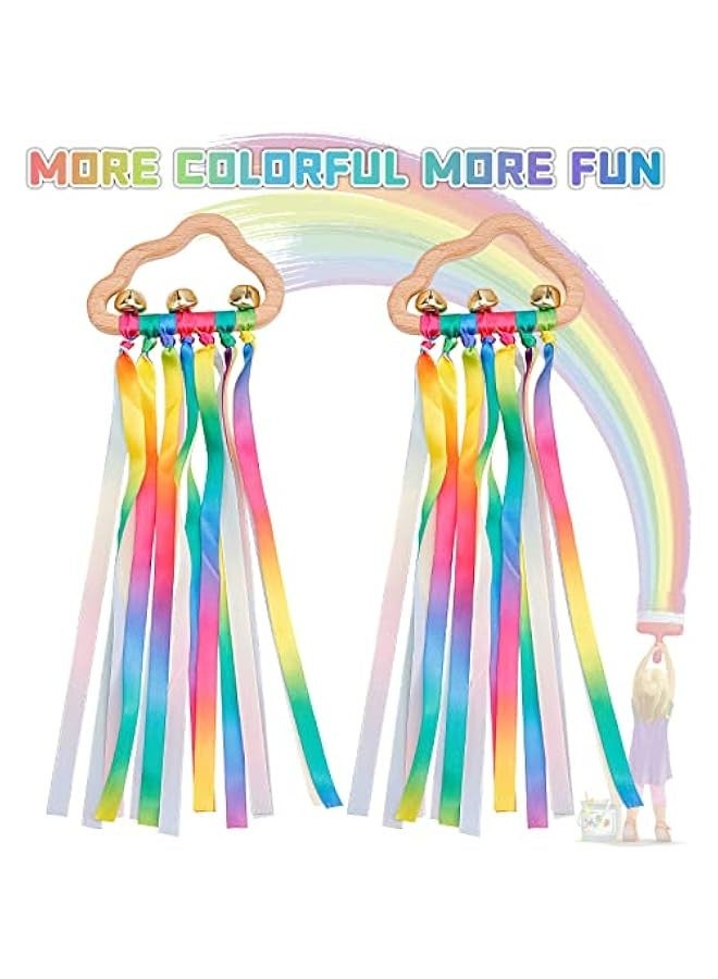 DURKU 2PCS Sensory Wooden Ring Baby Toys - Babies Rainbow Ribbon Rattle Toy Educational Toddler Play Toy with Bells - Image 3