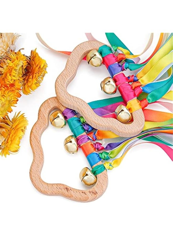 DURKU 2PCS Sensory Wooden Ring Baby Toys - Babies Rainbow Ribbon Rattle Toy Educational Toddler Play Toy with Bells - Image 5