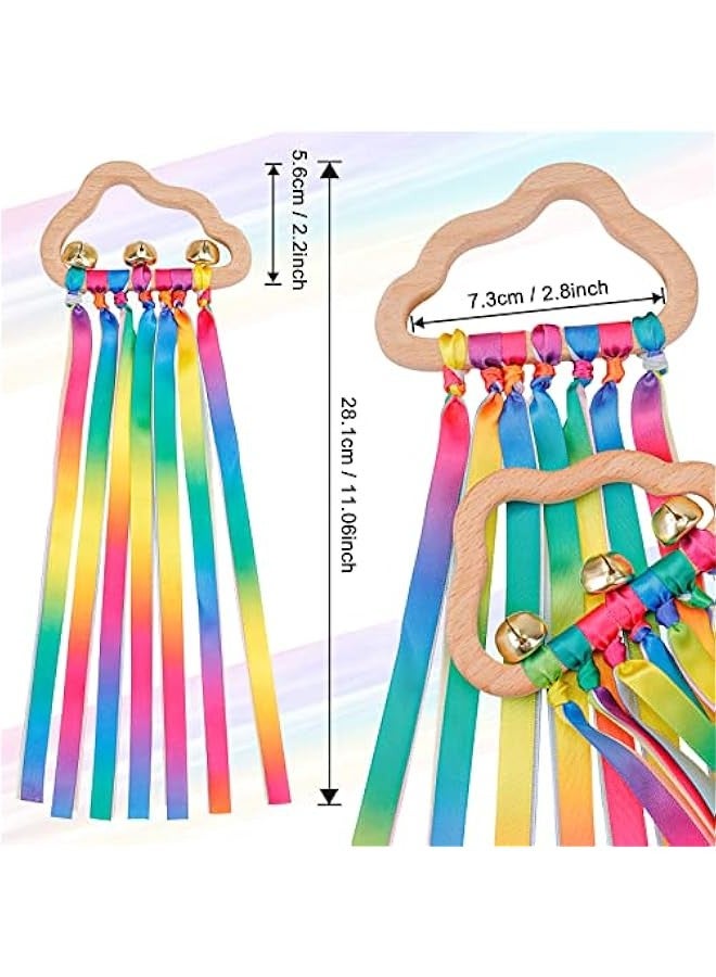 DURKU 2PCS Sensory Wooden Ring Baby Toys - Babies Rainbow Ribbon Rattle Toy Educational Toddler Play Toy with Bells - Image 2