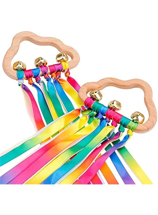 DURKU 2PCS Sensory Wooden Ring Baby Toys - Babies Rainbow Ribbon Rattle Toy Educational Toddler Play Toy with Bells - Image 1