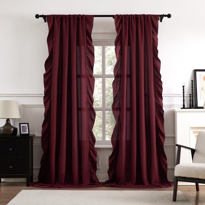 SEEKRIGHT Burgundy Ruffle Curtains 84 Inches Long 2 Panels for Bedroom Living Room Rod Pocket Light Filtering Vintage Victorian Romantic Curtains for Holiday Cottage Girls Room Window Privacy Decor, 52x84 - Image 1