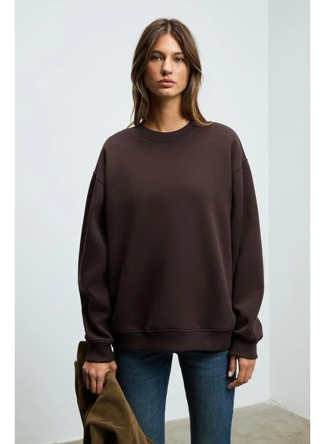 GRIMELANGE KARIUS Women's Organic Cotton Lined with Fleece Oversized Round Neck Dark Brown Sweatshirt.