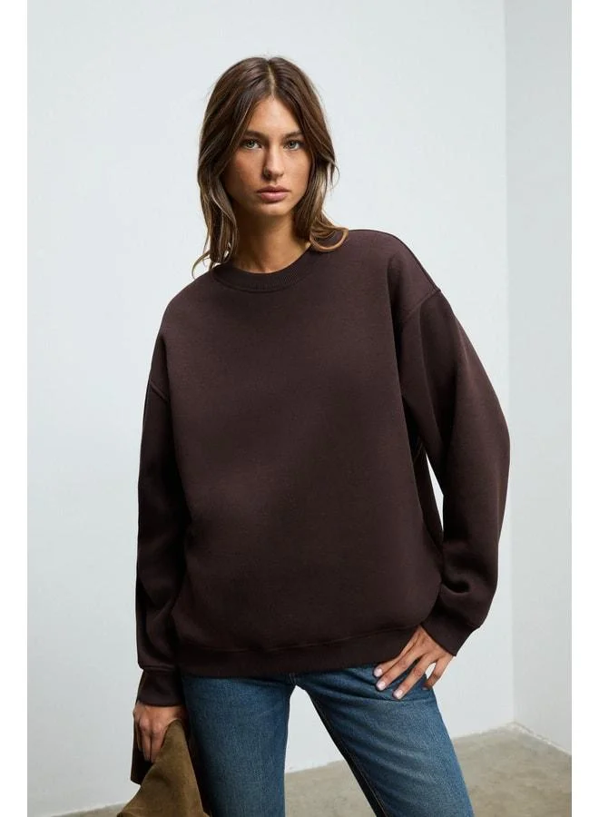 GRIMELANGE KARIUS Women's Organic Cotton Lined with Fleece Oversized Round Neck Dark Brown Sweatshirt.