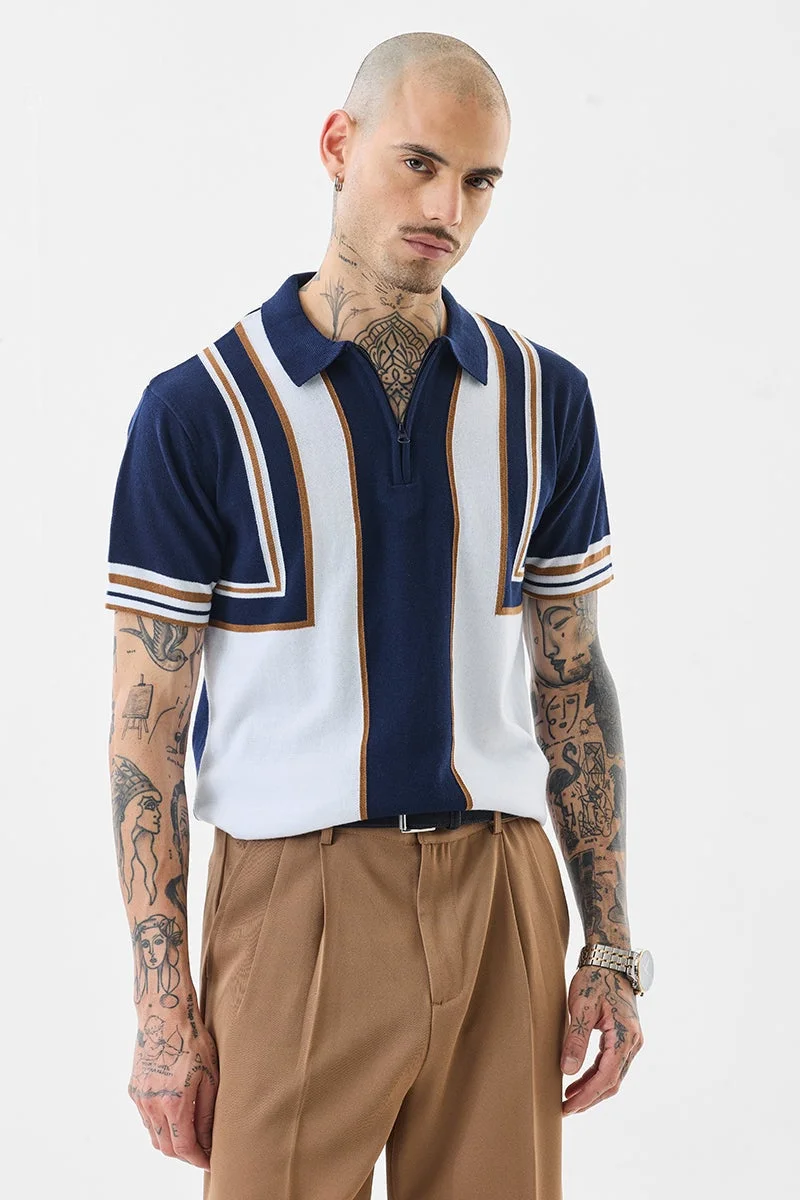 SNITCH Navy Colour Blocked Half Sleeve Slim Fit T-Shirt