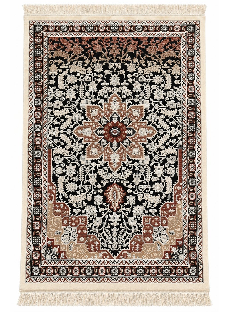 Prayer Mat 78 x 120 cm, Soft Velvet Salah Rug with Elegant Floral Design, Tassel Fringe & Woven Backing, Foldable Prayer Carpet for Home, Mosque & Travel – Black Brown Cream - Image 1